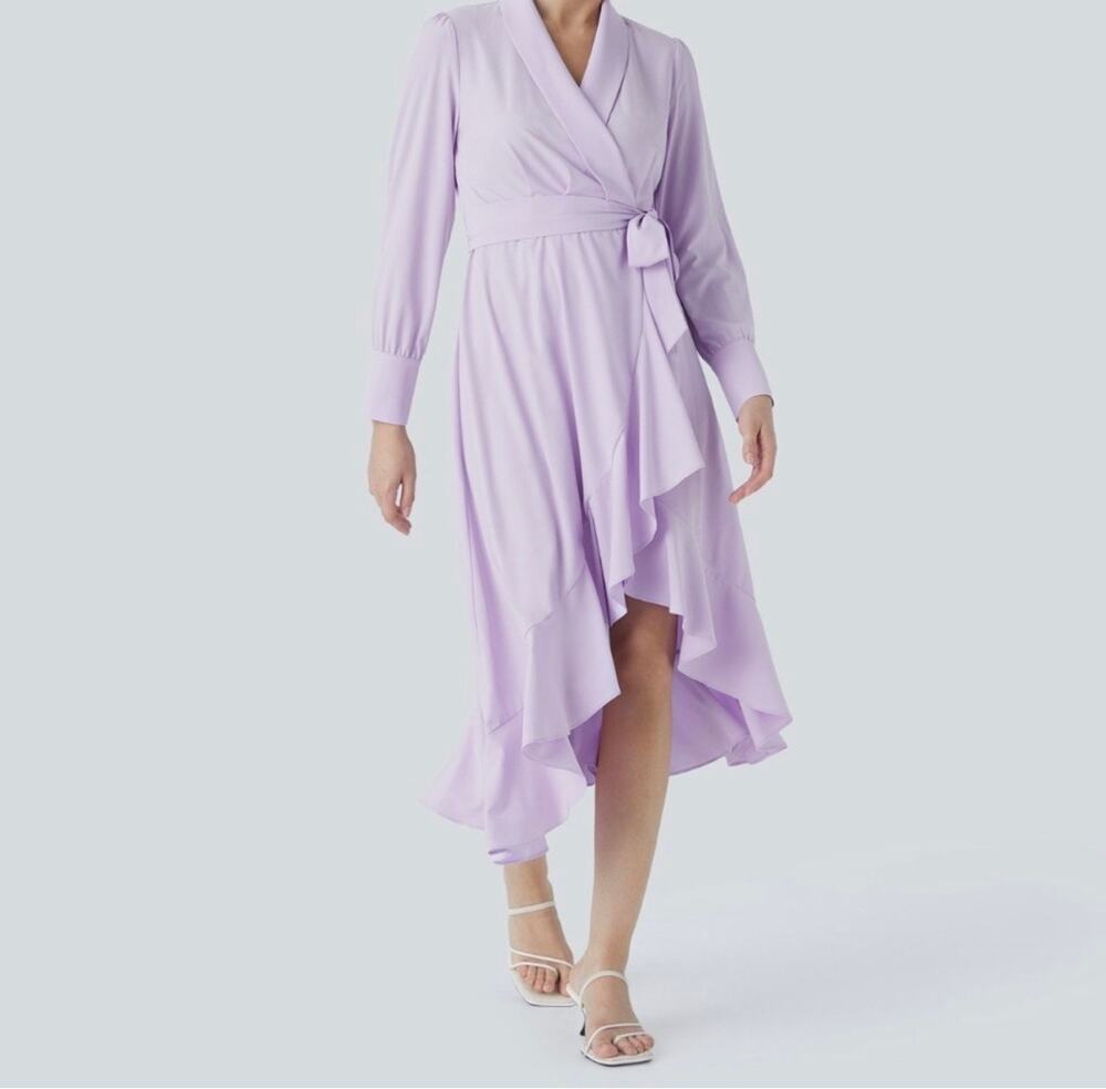 Halara Breezeful Lilac Long Sleeve Wrap Midi Dress Ruffle Hem Tie Waist NEW XS
